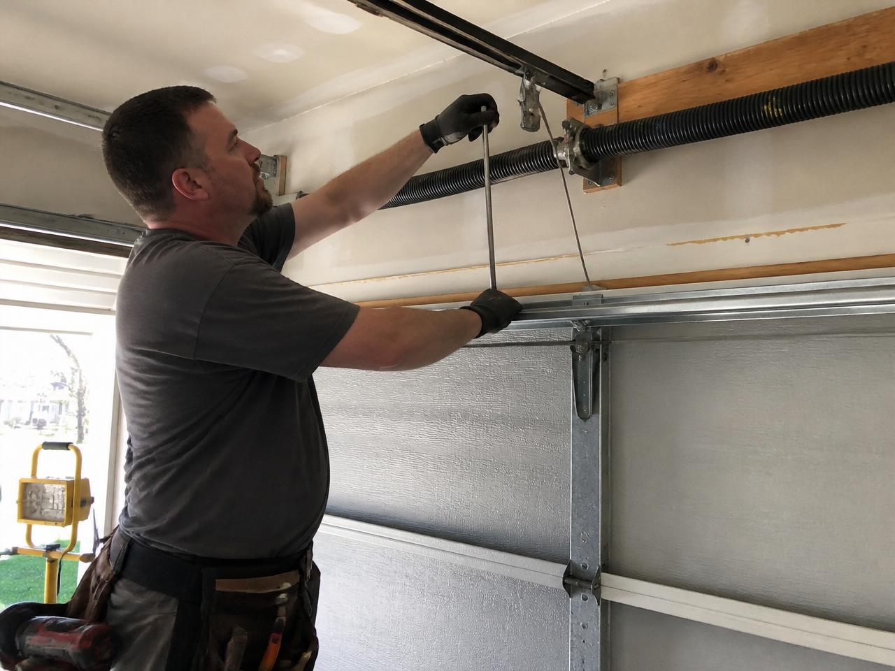 Garage door technician servicing an opener